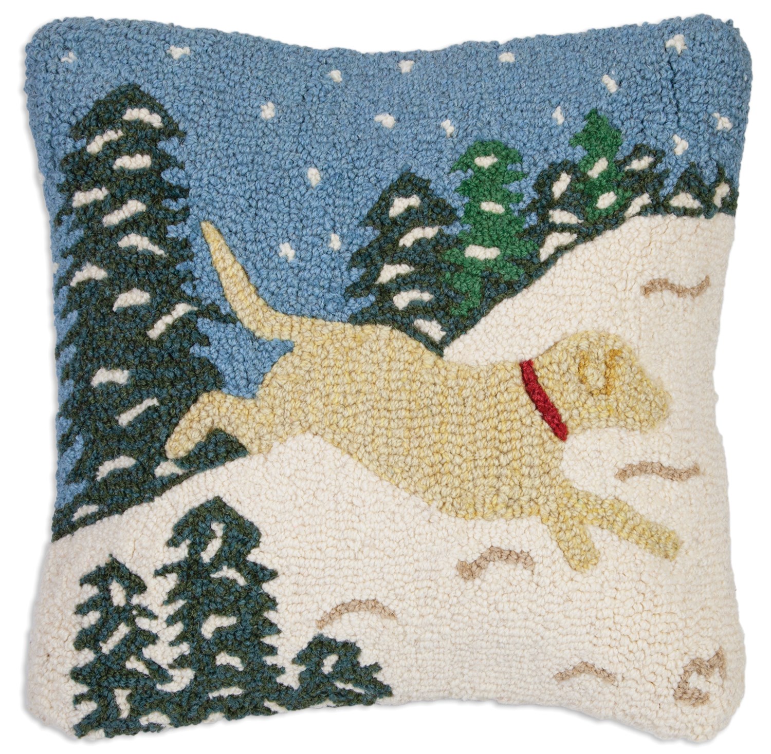Yellow lab in snow hooked pillow